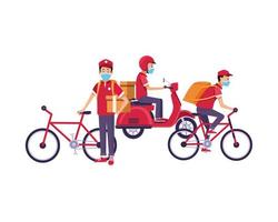 delivery workers with face masks and motorcycle and bicycle vector