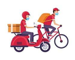 delivery workers with face masks and motorcycle and bicycle vector