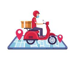 Smartphone con trabajador de entrega con mascarilla en motocicleta vector