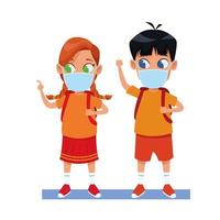 little kids couple using face masks for covid19 vector