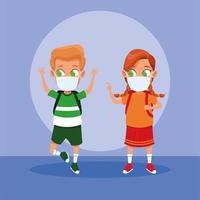 little kids couple using face masks for covid19 vector