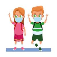 little kids couple using face masks for covid19 vector