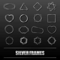 Big set of silver metal frames for banners, cards, invitations, weddings and holidays. Geometric shapes circle, heart, square, star. Vector isolated objects on a black background.