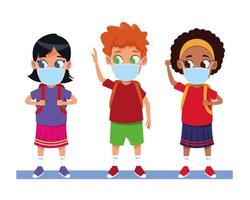 diverse kids using face masks for covid19 vector