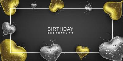 Happy Birthday Background. Gold and silver balloons heart shape and sparkles. Vector invitation banner.