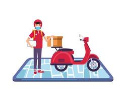 smartphone with delivery worker using face mask in motorcycle vector