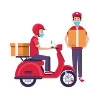 delivery workers with face masks and motorcycle vector