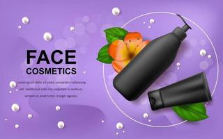 Vector realistic illustration with empty mockup black cosmetic botlles Tropical Hawaiian flower. Banner for advertising and promotion of cosmetic products. Use for posters, cards