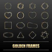 Big set of gold metal frames for banners, cards, invitations, weddings and holidays. Geometric shapes circle, heart, square, star. Vector isolated objects on a black background.