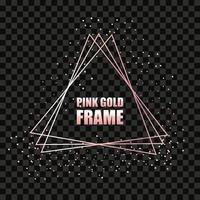 Rose gold metal realistic triangular frame for text banner, card. Wedding invitation, birthday and celebration. Vector isolated object on a black background with shiny sparkles. Luxury illustration