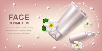 Vector realistic illustration with white blank of a bottle for serum and gel. Tropical Hawaiian flowers frangipani. Banner for advertising and promotion of cosmetic products. Use for posters, cards