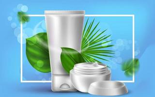 Vector realistic cosmetic illustration with tube of cream and a jar. Tropical palm leaves on a blue background. Banner for advertising and promotion of cosmetic products. Use for posters, cards