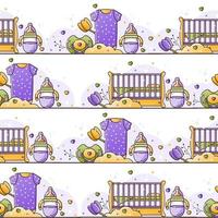 Vector seamless color pattern with baby accessories for newborn. Birth of a child, feeding and care. Use for backgrounds, wallpaper, wrapping paper, textiles. Linear style