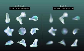 Vector set of realistic liquid drop. Fluid effect blurry shapes. Gradient sphere and bubbles. Isolated objects on a dark background for banners, posters, cards, flyers.