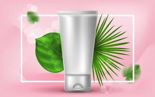 Vector realistic cosmetic illustration with a plastic tube of cream or lotion. Tropical palm leaves on a pink background. Banner for the advertising and promotion of facial cosmetic products.