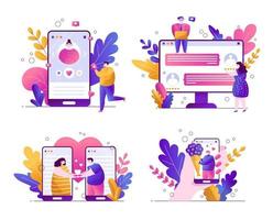 set of vector flat trend illustrations on a white background with characters and botanical leaves. Apps for online dating. People communicate on a smartphone on social networks, put likes