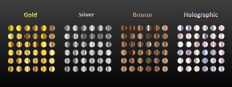 A large set of 144 round metal gradients. Gold, silver, bronze and holographic metal on a black background. Collection of sparkles for birthday, holiday and new year.