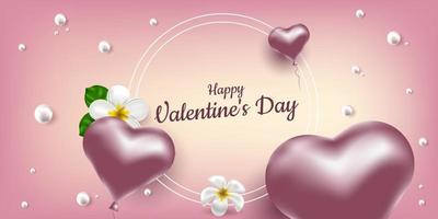 Happe Valentine's Day. Vector banner with pink air balloons in the shape of a heart, flower frangipani and pearls. Place for text, frame. Realistic illustration