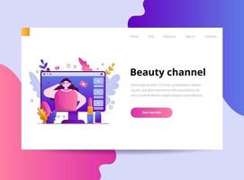 A young beautiful blogger girl does makeup and records videos for the channel on the social network. Template for landing page vector