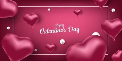 Happe Valentine's Day. Vector banner with pink air balloons in the shape of a heart and pearls. Place for text, frame. Realistic illustration