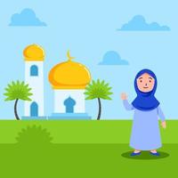 Cute Girl Moslem In Front Of Mosque vector