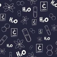 Seamless pattern with chemistry elements and sketches. Repetitive background with test tubes, formulas, elements and atoms. Science and research wallpaper. vector