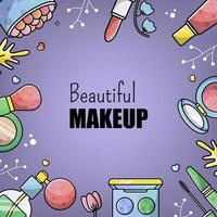 Accessories set for a beautiful make-up. Mascara, foundation, eye shadow, lipstick. Vector banner for a site with cosmetics for woman face, Fashion border and frame. Linear style