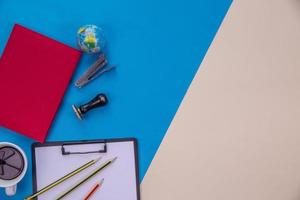 Flat lay, top view office table desk photo