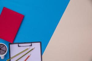 Flat lay, top view office table desk photo