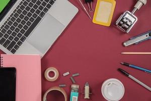 Flat lay, top view office table desk photo