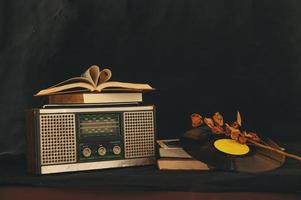 Heart-shaped books placed on retro radio receiver with dried flowers and old record photo