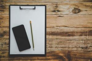 Flat lay, top view office table desk photo