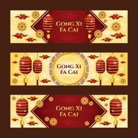 colección de pancartas gong xi fa cai con linterna y composición de adornos florales vector