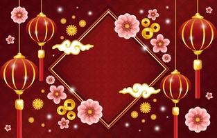 Hermoso fondo de año nuevo chino con linterna y composición de adornos florales vector