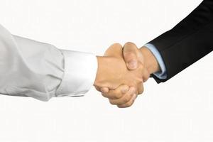 Two people shaking hands white backdrop