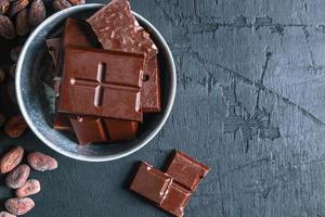 Dark chocolate bars in a bowl photo