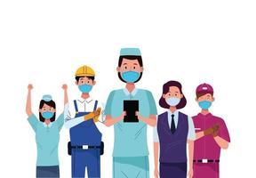 group workers using face masks for covid19 vector