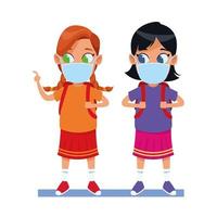 little girls using face masks for covid19 vector