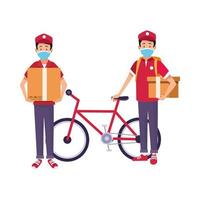 delivery workers with face masks and bicycle vector