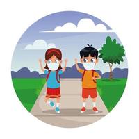 little kids couple using face masks for covid19 in the park vector