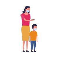 mother and son using face masks characters vector