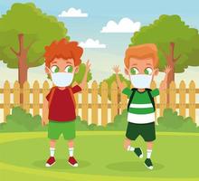 little boys using face masks for covid19 outdoors vector