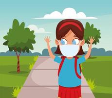little girl using face mask for covid19 in the park vector