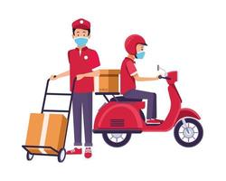 delivery workers with face masks in motorcycle and cart vector