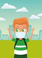 little boy using face mask for covid19 vector