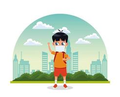 little boy using face mask for covid19 vector