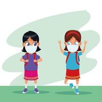 little girls using face masks for covid19 vector