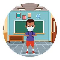 little black boy using face mask for covid19 in the classroom vector