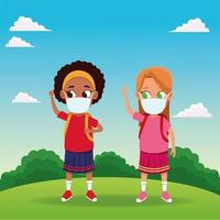 interracial girls using face masks for covid19 in the park vector