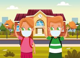 little kids couple using face masks for covid19 vector